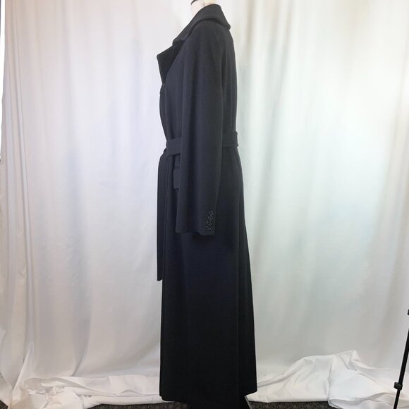 Calvin Klein Maxi Coat Size 12 Vintage 80's Black Double Breast Belt Merino Wool - Picture 3 of 15